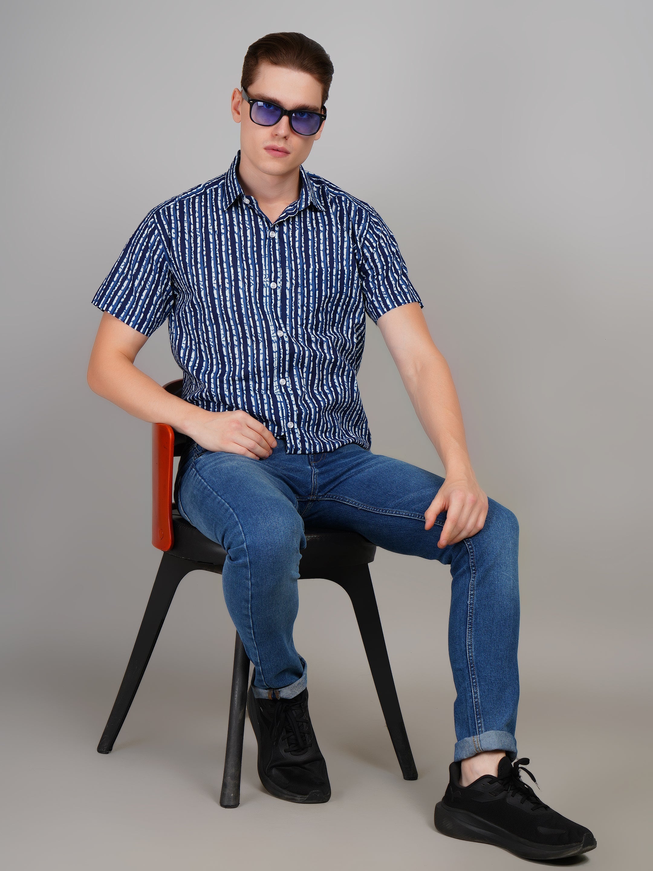 Louis Monarch Premium Jaipuri Printed Cotton Stripe Half Sleeve Casual Shirt